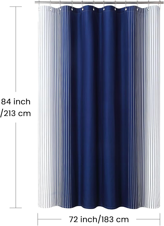 Extra Long Blue Shower Curtain, Modern Navy Blue and White Gradient Vertical Stripe Waterproof Polyester Shower Curtains for Bathroom, 72x84 Inches