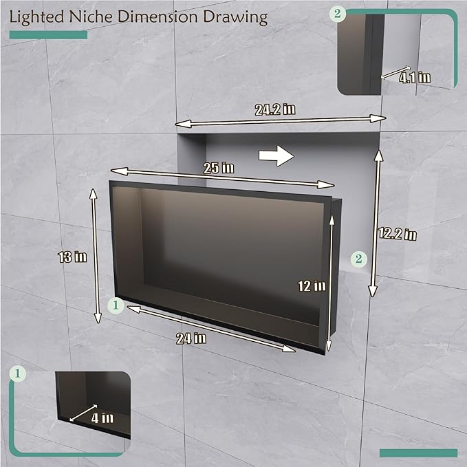 Shower Niche No Tile Needed with Waterproof LED Light Strip for Bathroom Storage， Bathroom for Shower Wall Lighted Niches，Stainless Steel Waterproof Shelf，Matte Black （ 24 x 12 in）