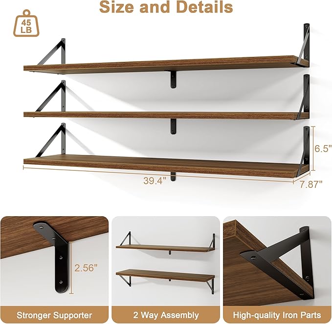 Fun Memories Long Wall Shelves for Bedroom, Set of 3 Large 40-Inch Floating Bookshelves, Rustic Wood Display Shelf for Home and Office (Walnut)