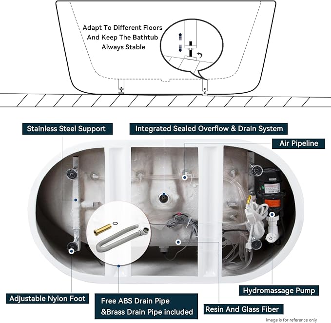 FerdY Mauritius 59 Inch Acrylic Freestanding Whirlpool Bathtub, Oval with 8 Water SPA Jets Morden White Stand Alone Jetted Tub, Luxury Acrylic Free Stand Deep Soaking Bath Tub