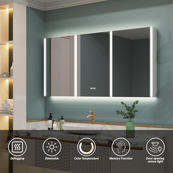 WELLFOR 60" x 30" LED Mirrored Bathroom Cabinet, Mirror Medicine Cabinet with Lights, Defogging LED Mirror Cabinet with Outlets & USB Ports, Surface Mounted, Three Doors, Hardwired Connected