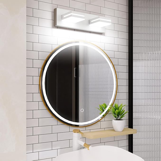 SineRise LED Modern Bathroom Vanity Light Fixtures (2-Light, 15.5-Inch), Matte White Modern Acrylic Bathroom Wall Lighting Fixtures Over Mirror (Cool White 6000K)