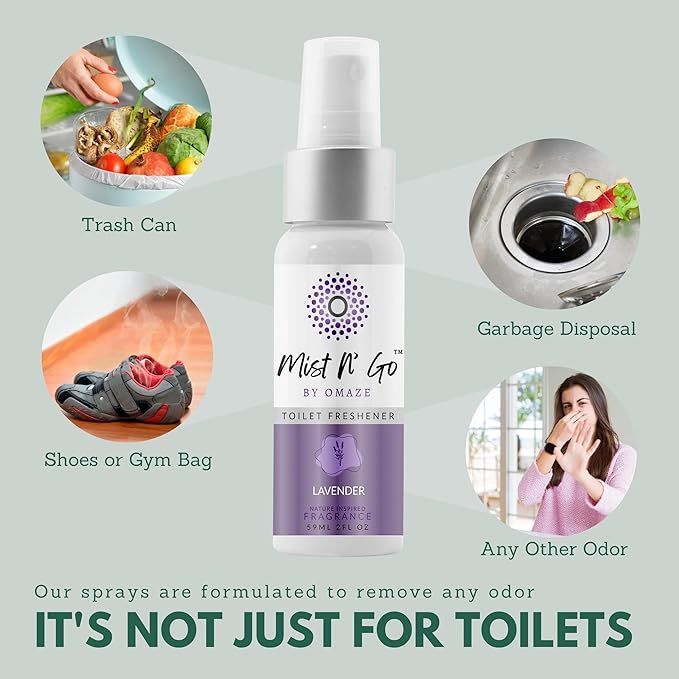 Mist N’ Go by Omaze Travel Bathroom Spray for Toilet Spray Odor Eliminator - Travel Toilet Spray for Bathroom Air Freshener Spray for Bathroom Deodorizer - Lavender Regular Size (2oz x3)