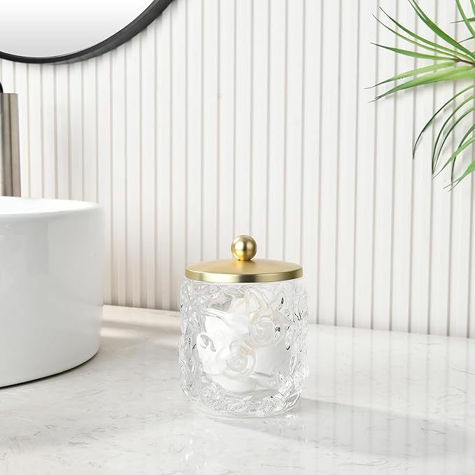 Clear Transparent Apothecary Floral Embossed Glass Jar With Gold Metal Lid Cover for Bathroom Organization, Cotton Balls, Q Tips, and Small Accessories, Bathroom Storage