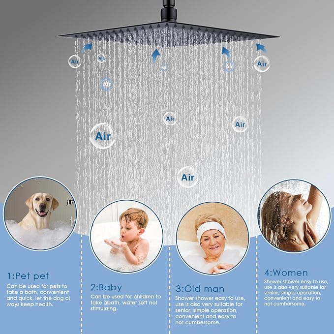 12" Shower Faucet Set Rain Shower System with 6" Wall Mounted Head Full Body Luxury Rain Shower System Rainfall Shower Head with Handheld Combo,3 Way Pressure Balance Valve Kit,Matte Black