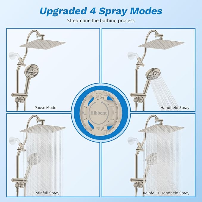 Hibbent cUPC Certified All Metal 10" Rainfall Showerhead Combo, High Pressure Shower Head with 10 Spray Handheld, Innovative 4-way Diverter with Pause Mode, 71'' Shower Hose and Holder, Brushed Nickel
