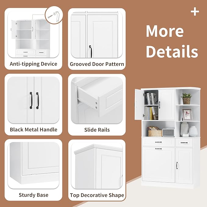 70" Tall Freestanding Storage Cabinet with Drawers, Doors, Adjustable Shelves & Flip Drawer, Modern Wood Organizer for Bathroom, Laundry Room, Office, White