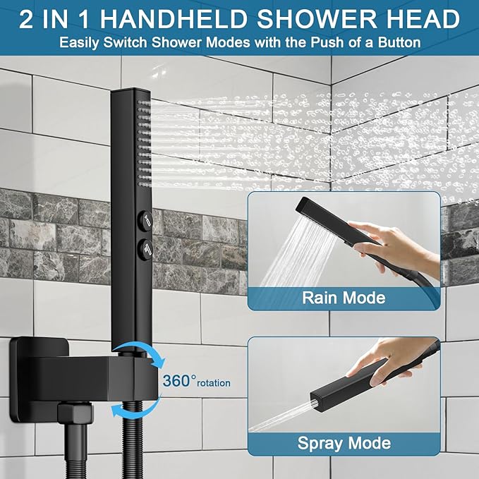 Shower Faucet Set Black Shower System, Ceiling Mount 12 Inch Shower Head With Wall Mount 6 Inch Shower Head and 2 in 1 Handheld Spray, Push Button Diverter Shower Valve Trim Kit Complete