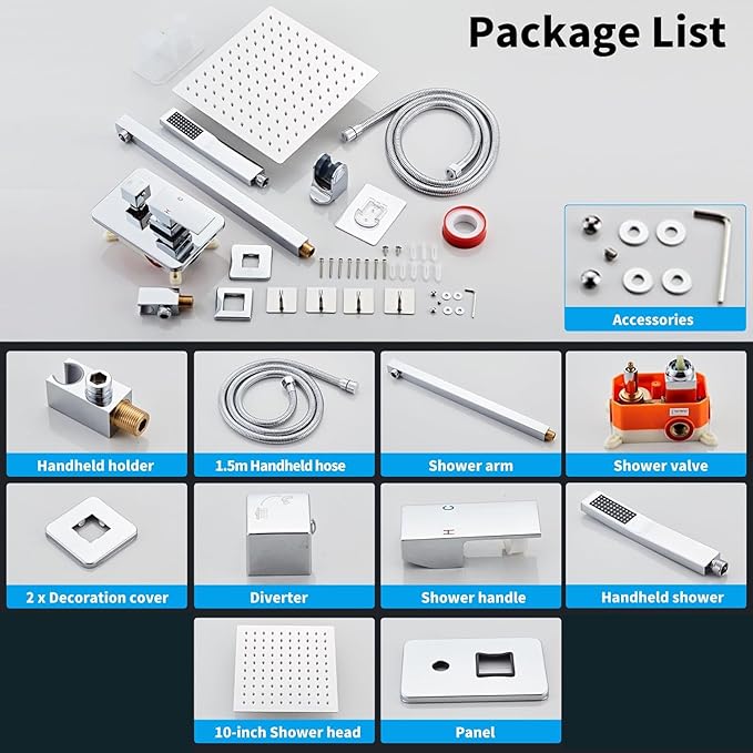 12 Inch Polished Chrome Shower Faucet Set with Rain Shower Head and Handheld Spray, Wall Mounted Rainfall Shower Head with Handheld Combo, Bathroom luxury Shower System with Valve and Trim
