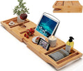 Bamboo Bathtub Caddy Tray Expandable for Luxury Bath, Bath Accessories & Table with Wine Glass Holder, Book Stand Bathroom Organizer with Extending Sides for Men/Women,Natural