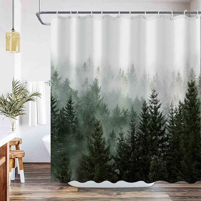 Aipon Green Misty Forest Shower Curtain Nature Tree Shower Curtain Set Dark Green Fabric Waterproof Shower Curtains for Bathroom Decor with 12 Hooks (72'' × 78'', Green4)