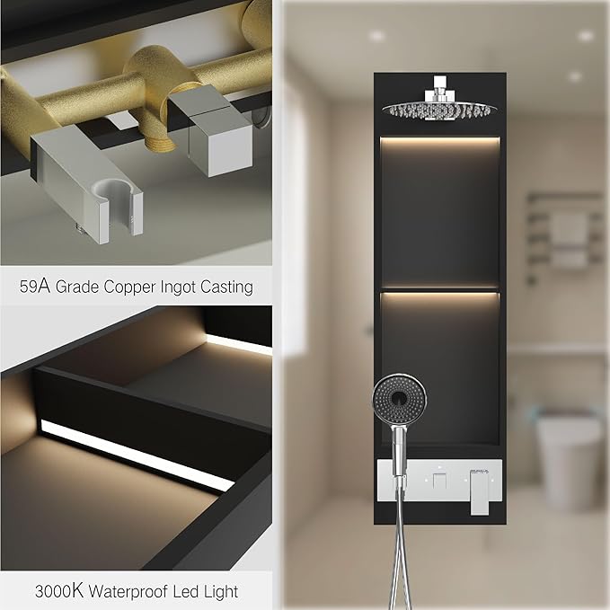 Shower Niche System w/LED Lights, Bathroom Shower System w/ 304 Stainless Steel Wall Niche