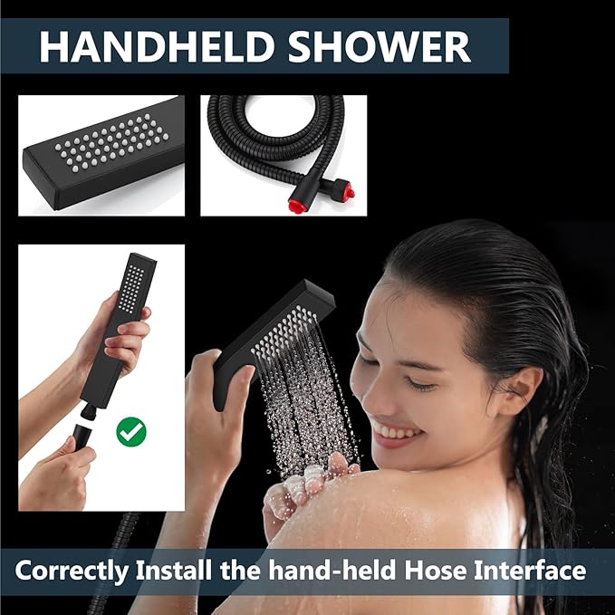 Aolemi Ceiling Mount Rain Shower Head & Handheld Spray with Robust Valve & Trim Kit - Matte Black, 8 Inch Head