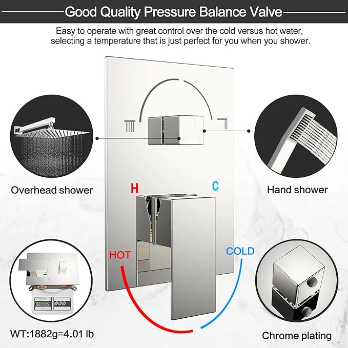 Shower System Wall Mounted 10 inch for Bathroom,Rain Shower Combo Set with Handheld Spray,Luxury Rainfall Shower Head Rough-in Valve and Trim Included(Chrome Polished)