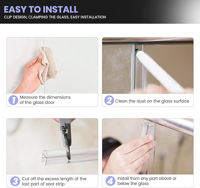 Bathroom Shower Door Seal Strip, 2PCS 78 Inch Shower Door Bottom&Side Seal Strips, U-Type PVC Transparent Shower Door Seal Strip for 1/4"(6MM) Frameless Shower Door