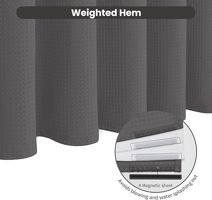 Inhousolu No Hook Waffle Weave Shower Curtain with Removable Snap in Fabric Liner Set for Bathroom, 230 GSM Heavy Duty Weighted Hem, Water Repellent Washable Bath Curtains, 72 x 84 Inch, Graphite Grey