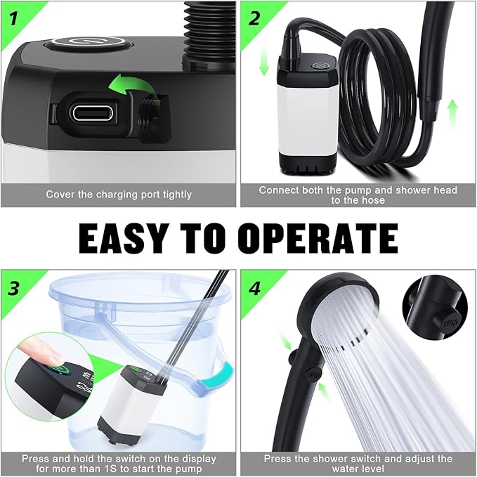 Portable Shower for Camping, [Long-Lasting] Spopal 6000mAh Rechargeable Camping Shower with Intelligent LED Display, 4 Spray Modes, IPX7 Waterproof Outdoor Camp Pump for Hiking, Travel, Car, Pet