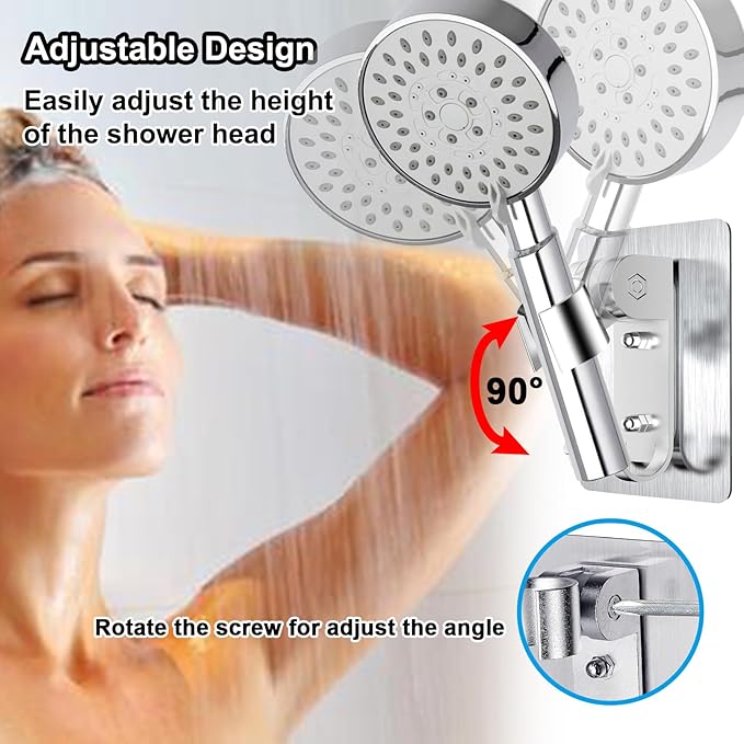 Shower Head Holder,Adjustable Handheld Shower Wand Holder with 2 Hanger Hooks,Strong Adhesive Shower Holder Wall Mount Bracket,Shower Bracket Holder for Home,Bathroom,No Drilling Need