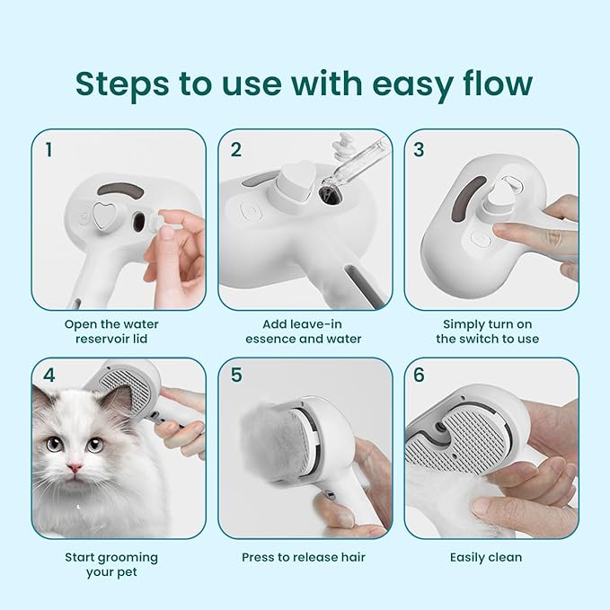 Pet Steam Brush for Dog & Cat, 3 in 1 Spray Hair Removal Comb for Shedding & Grooming, Water Brush for Long & Short Haired Pets, Includes 200ml Shampoo & USB Rechargeable Design (White-2)