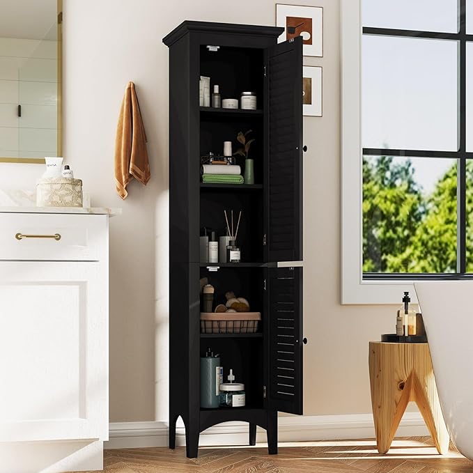 Tangkula 63" Tall Bathroom Storage Cabinet, Freestanding Narrow Linen Tower with Adjustable Shelf, Modern Slim Floor Cabinet with 2 Doors for Bathroom, Living Room, Kitchen (Black)