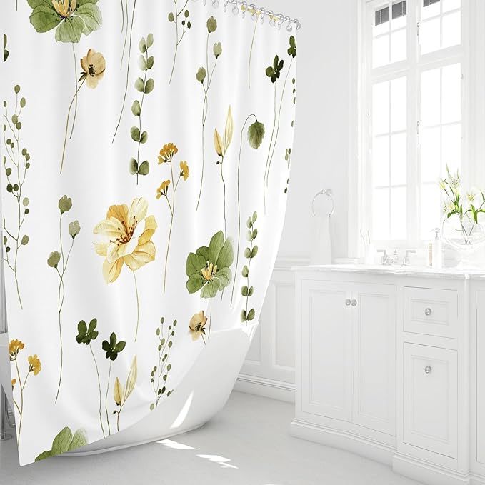 Gibelle Long Shower Curtain 72 x 78, Watercolor Floral Fabric Shower Curtain, Olive Green Beige Flower Decorative Bathroom Shower Curtain Set
