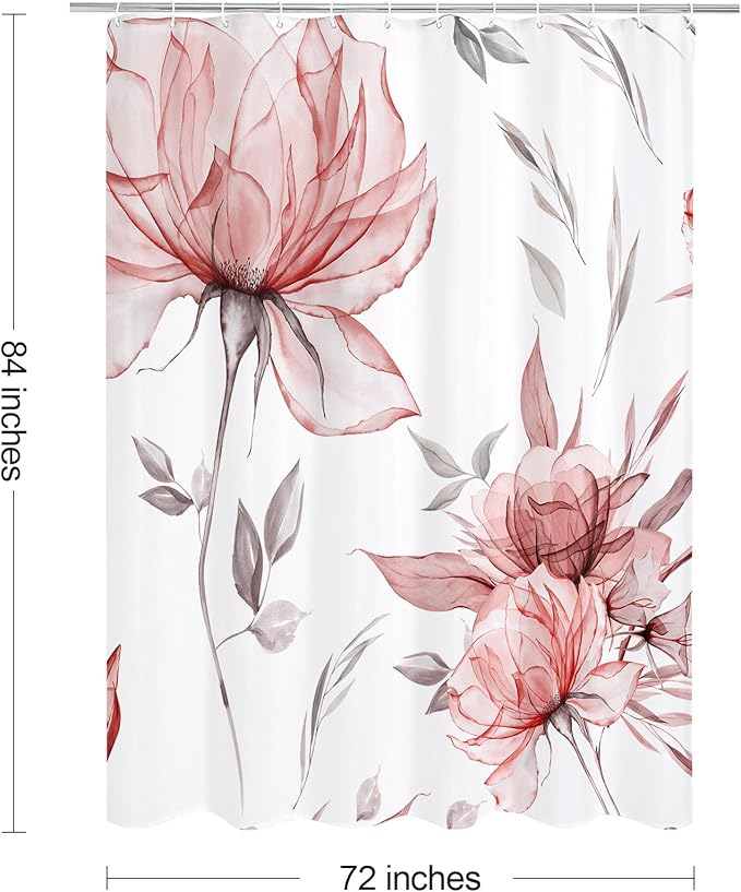 Extra Long Boho Watercolor Floral Shower Curtain 72 x 84, Red and Grey Ink Painting Style Flower Shower Curtains for Chic Elegant Bathroom, Artistic XL Fabric Cloth Shower Curtain