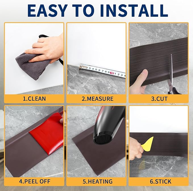 Flexible Baseboard Molding Trim 4 Inch Self-Adhesive Vinyl Wall Base Peel and Stick Cove Base Rubber Wall Baseboard Moulding Trim (20Ft, Dark Walnut Wood Grain)