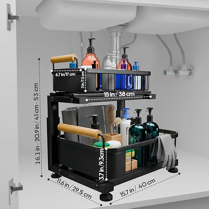 Premium Heavy Duty Carbon Steel Under Sink Organizer, 2 Tier Pull Out Cabinet Organizer, 7 Adjustable Heights with Smooth Ball Bearing Sliding Baskets for Bathroom & Kitchen