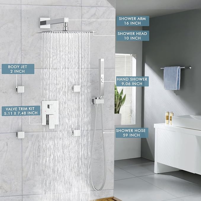 Shower Faucets Sets Shower System with Body Jets, Bostingner 10" Rain Shower Head with 2 In 1 Handheld Spray and 4 Jets, Wall Mounted All Metal 3 Way Shower Set with Valve and Trim Kit,Brushed Nickel