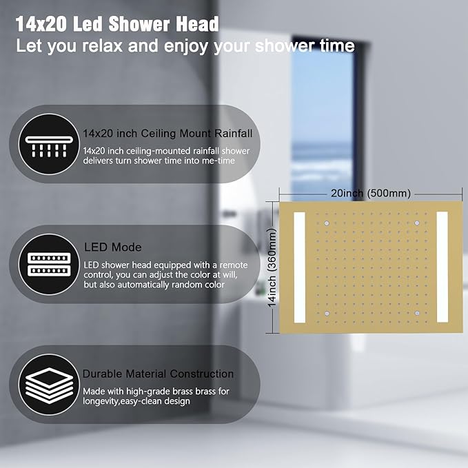 Thermostatic Shower System with 14x20 Inch Ceiling Mount LED Head & 6 Inch Wall Head and Handheld Shower 4 Function Vale with body jets Can All Run Together,Brushed Gold