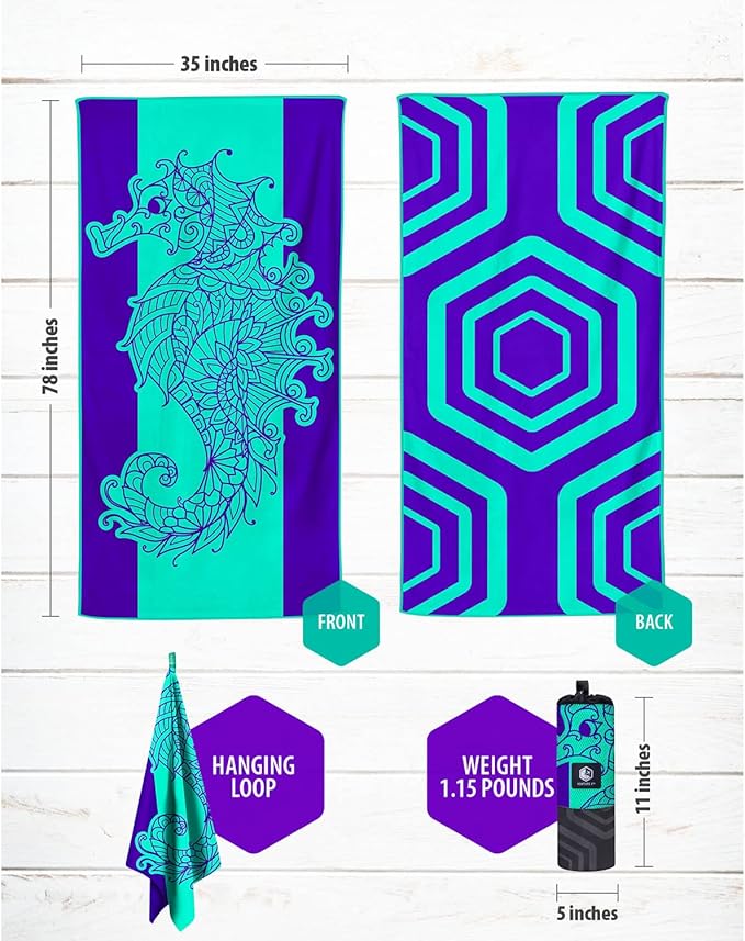 VENTURE 4TH Microfiber Beach Towel: Quick-Dry, Compact, Sand-Free, Absorbent, Sandproof and Lightweight - Perfect for Camping, Beach, and Roadtrips (Mandala Seahorse Design | 35x78 inches)