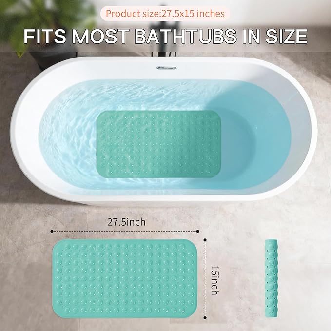 Anti-Slip Bathtub Shower mat, 27.5×14.5（Approximately 70×37cm） inch Soft Oversized Machine Washable Non-Slip Bathtub mat with Drainage Holes, Bathroom Floor Suction Cup.（1-Opaque Mars Green）