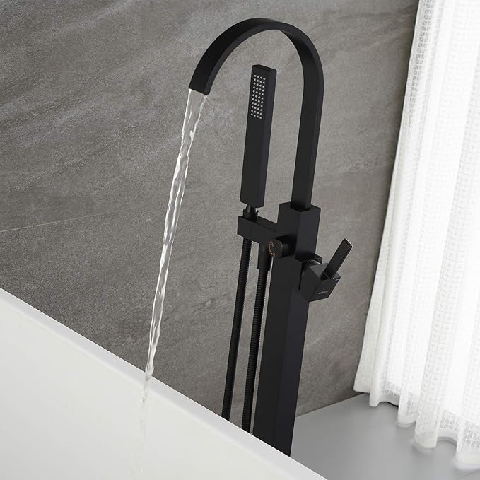 Freestanding Bathtub Faucet Tub Filler Black Floor Mount Single Handle with Hand Shower