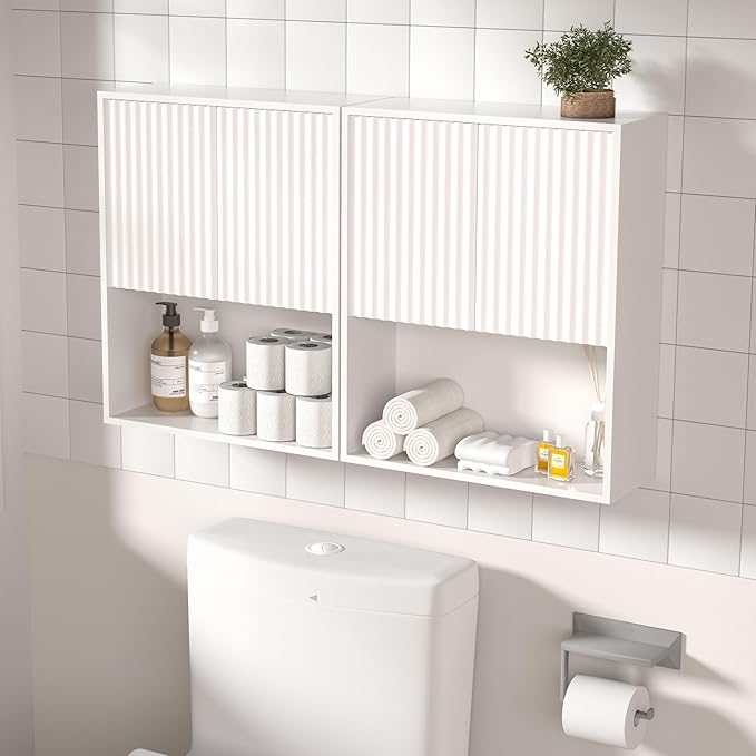 Fluted Bathroom Wall Cabinet Over The Toilet Storage,Wall Mounted Cabinet with Adjustable Shelf,Floating and Hanging Organizer,Kitchen and Laundry Room Storage (White-2 Pcs)