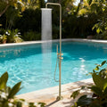 RBROHANT Freestanding Outdoor Shower Gold, Height Adjustable Stainless Steel Outdoor Showers for Backyard Garden Pool Beach, Stand Alone Outdoor Shower Hot and Cold Water, Brushed Gold, JK0456