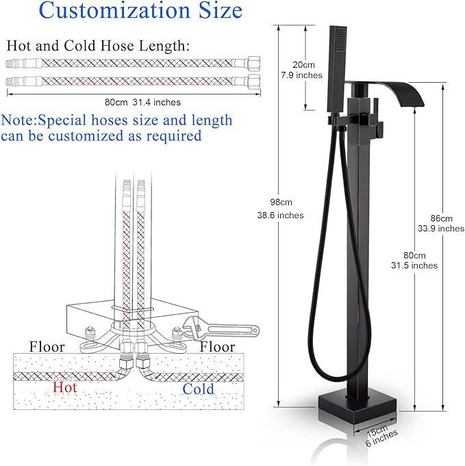 Senlesen Barthroom Tub Filler Faucet Floor Mounted Bathtub Shower Faucet Waterfall Spout Free Standing Tub Mixer Tap with Handheld Sprayer