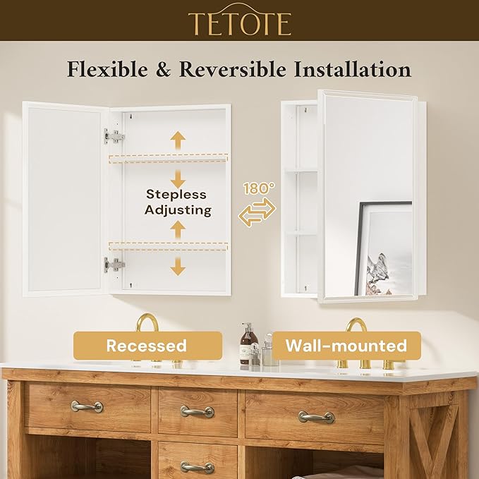 TETOTE 20" x 26" White Medicine Cabinet with Stepless Adjustable Shelves Beveled Mirror with Storage for Bathroom Vanity Recessed or Surface Wall Mount