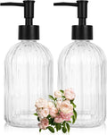 2 Pack Glass Soap Dispenser with Pump, 13.5oz Refillable Soap Dispensers with Vertical Stripe for Hand Wash & Dish Wash, Elegant Bathroom Soap Dispenser for Dishwashing Liquid, Lotion