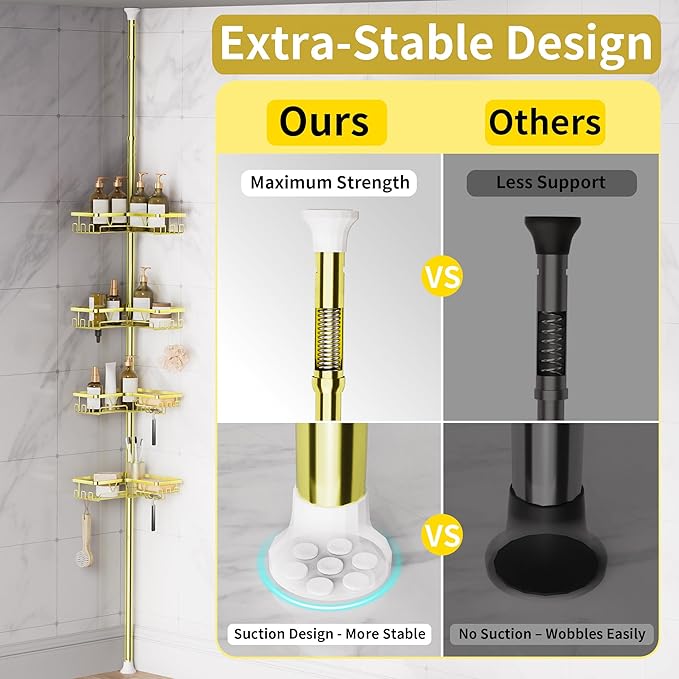 KEGII Corner Gold Shower Caddy Tension Pole - 4-Tier Rustproof Shower Rod Organizer, Floor to Ceiling Tension Rod 25-114.2 inch, Stainless Steel Corner Shower Shelf, Waterproof