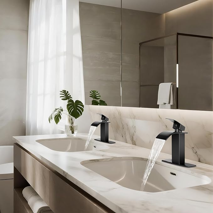 Bathroom Faucets Matte Black Waterfall Bathroom Sink Faucet Modern Single Handle Bathroom Faucet for 1 or 3 Hole Mxier Tap Washbasin Faucet with Deck, Pop-up Drain and Supply Hoses 2 Pack
