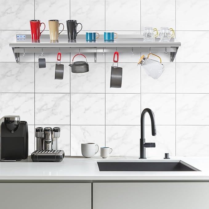 Hally Stainless Steel Shelf with 9 Hooks 12" x 60" Wall Mounted Pot Rack 315lb, NSF Commercial Floating Shelving for Storage Hanging Pots, Pans, cookware in Restaurant, Kitchen, Home and Hotel