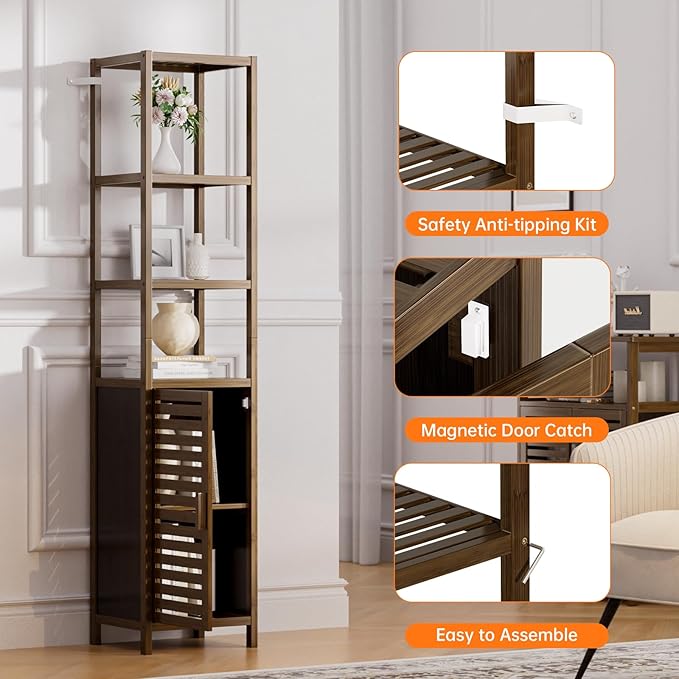 HITNET Bathroom Cabinet, Bamboo Floor Cabinet Freestanding Narrow Storage Unit with Removable Shelves, 6 Tier Tall Cabinet, Walnut