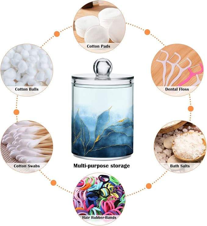 MNSRUU 2 Pack Qtip Holder Organizer Dispenser Blue Watercolor Marble Bathroom Storage Canister Cotton Ball Holder Bathroom Containers for Cotton Swabs/Pads/Floss