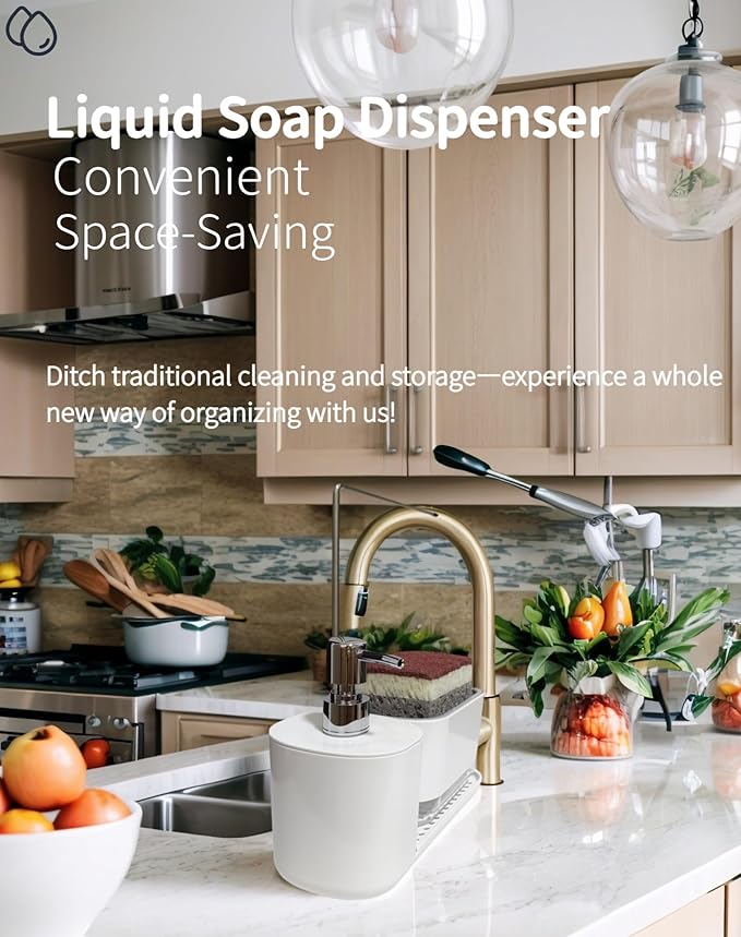 Dish Soap Dispenser & Sponge Holder 3-in-1 with Dual Pump & Drain Tray & Drying Pole - Multifunctional Kitchen Sink/Bathroom Organizer for Sponges and Hand Soap (Black)