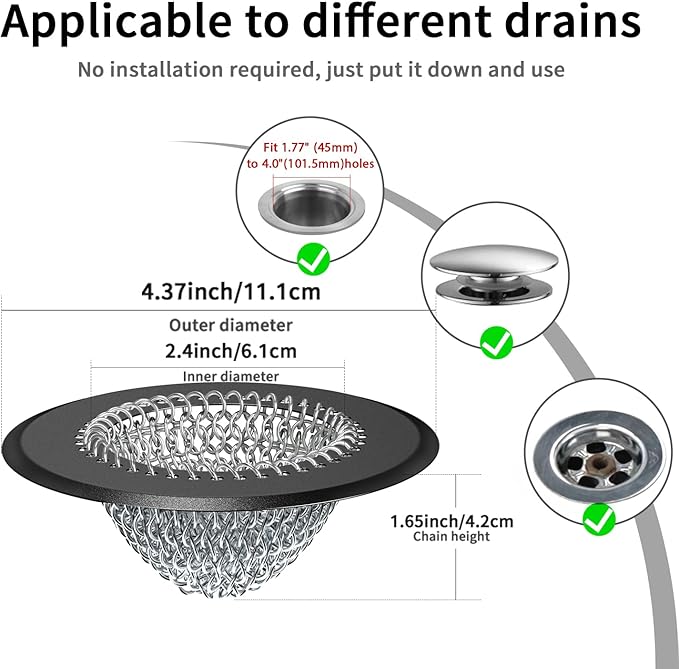 TRAPMATE Shower Hair Drain Catcher, Easy Clean Bathtub Drain Hair Catcher, Fast Drainage Tub Drain Protector, Stainless Steel Shower Drain Cover for US Standard Regular & Pop-up Drain Screen (Black)