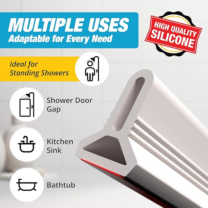 Shower Threshold Water Dam Barrier 98" - White Collapsible Shower Water Blocker - Shower Guard for Walk in Shower - Water Guard Stopper for Floor - Shower Dam - 1.5" Tall - By Hippo Dam