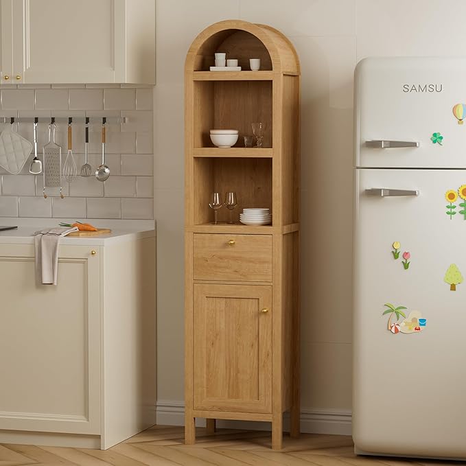 67" Tall Arched Bathroom Narrow Storage Cabinet with Adjustable Shelf, Farmhouse Freestanding Tower Cabinet with Door and Drawer, Space Saving Organizer for Kitchen, Living Room, Natural Oak
