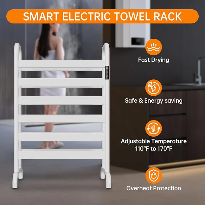 Towel Warmer Rack, Electric Heated Towel Rack for Bathroom, Freestanding Adjustable Temperature 110–170°F with Timer & Overheat Protection, Large Aluminum Towel Heater, 12 Fast Heating Bars