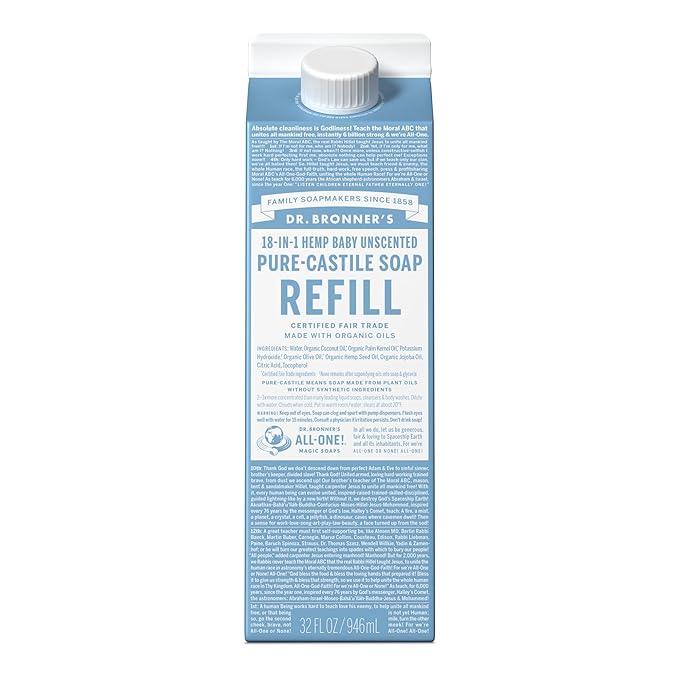 Dr. Bronner's Pure-Castile Liquid Soap Refill - Made with Regenerative Organic Certified Oils, 86% Less Plastic - 18-in-1 Uses, For Face, Body Wash, Hand Soap Refill & More - Baby Unscented, 32oz