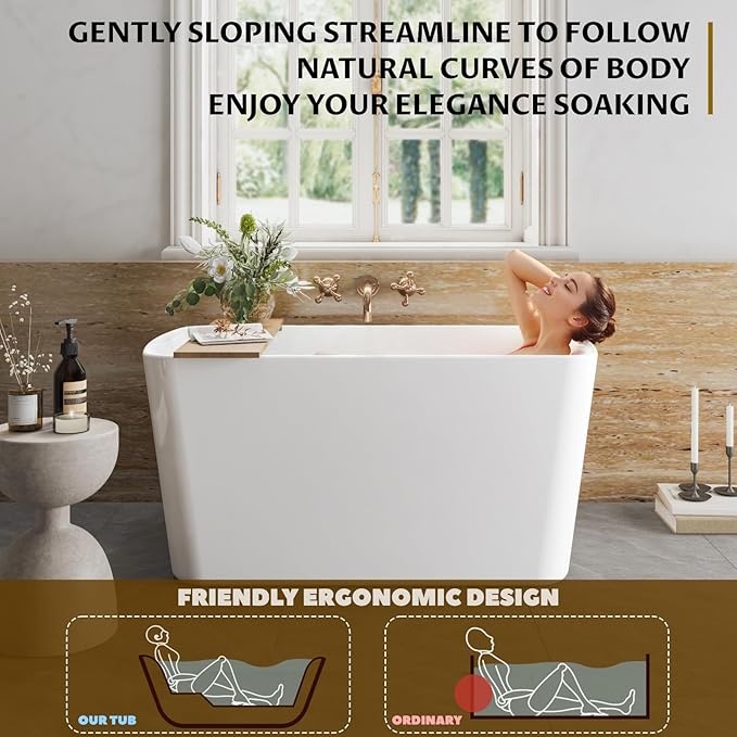 49" Acrylic Freestanding Bathtub - Japanese Square Soaking Tub with Built-in Seat, Toe-Tap Drain & Overflow, Glossy White, Compact Space-Saving Bath for Bathrooms